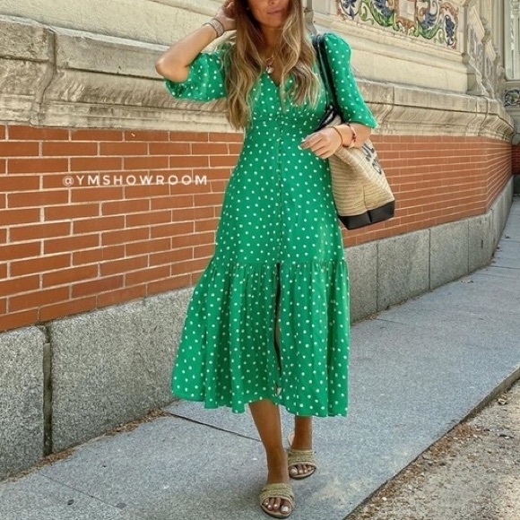 Zara bright green polka dot midi dress NWT. Bloggers favorite - Picture 2 of 9
